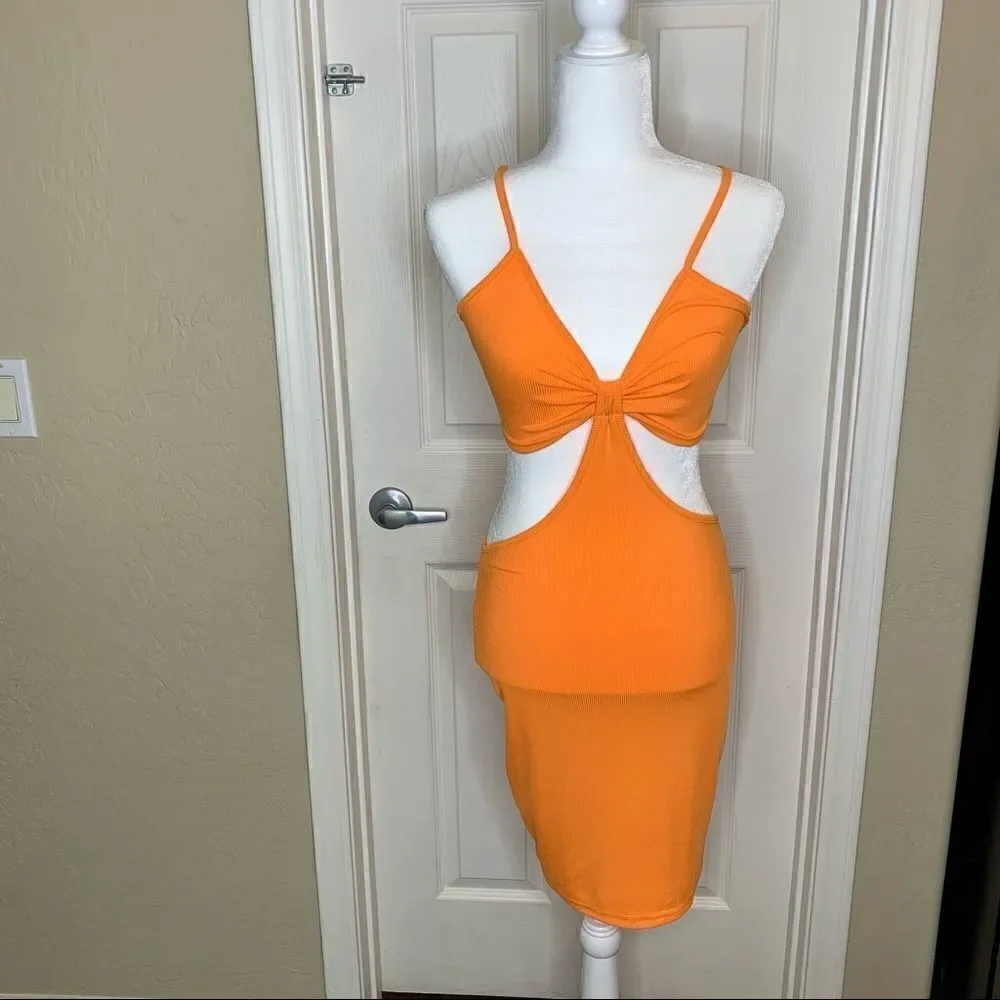 Shein Double Crazy Ruched Bust Cutout Bodycon Dress Size XS Orange